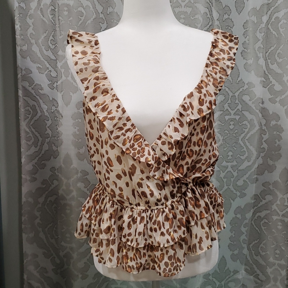 Leopard Ruffle Wrap Front Peplum Tank